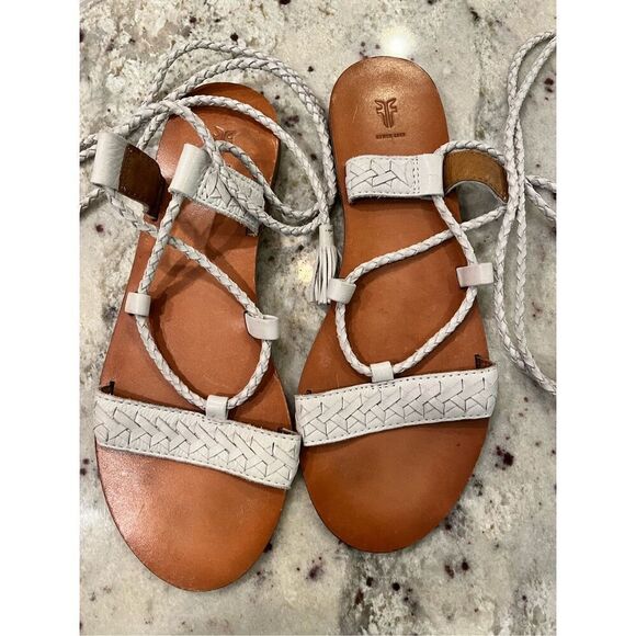 Frye Ruth White Leather Lace Up Gladiator Braided Whipstitch Tassel Sandals sz 7 - Picture 4 of 5